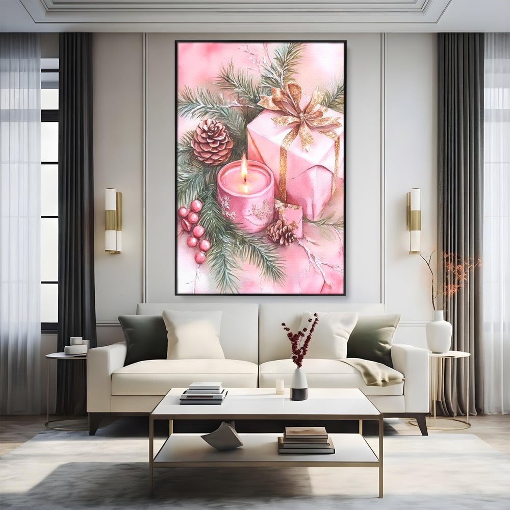 Tablou canvas cu ilustratie cu lumanare si cadou roz, in rama de aluminiu negru, pe perete intr-un living